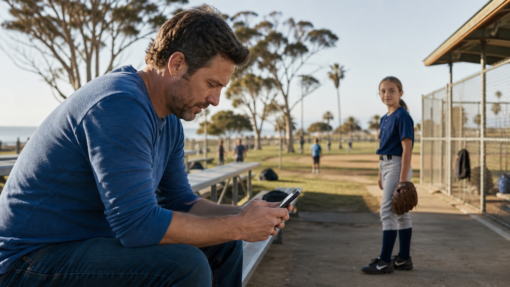 A father looking at his phone while his daughter, in uniform, waits for him to watch