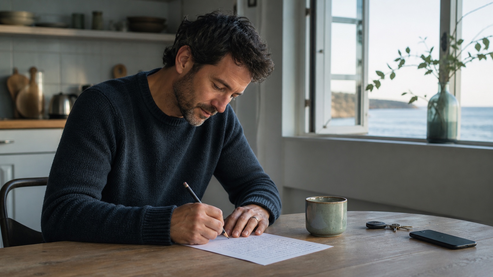A man writing at a kitchen table near the ocean at dawn