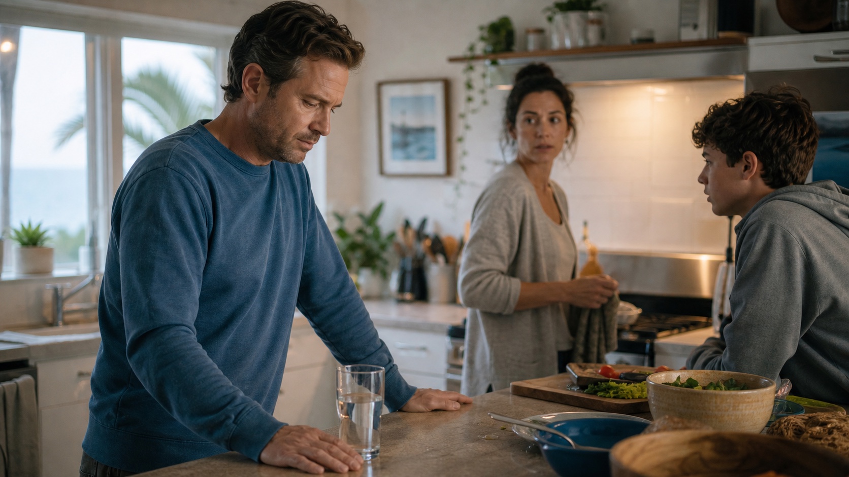 A parent pausing in a warm family kitchen before responding