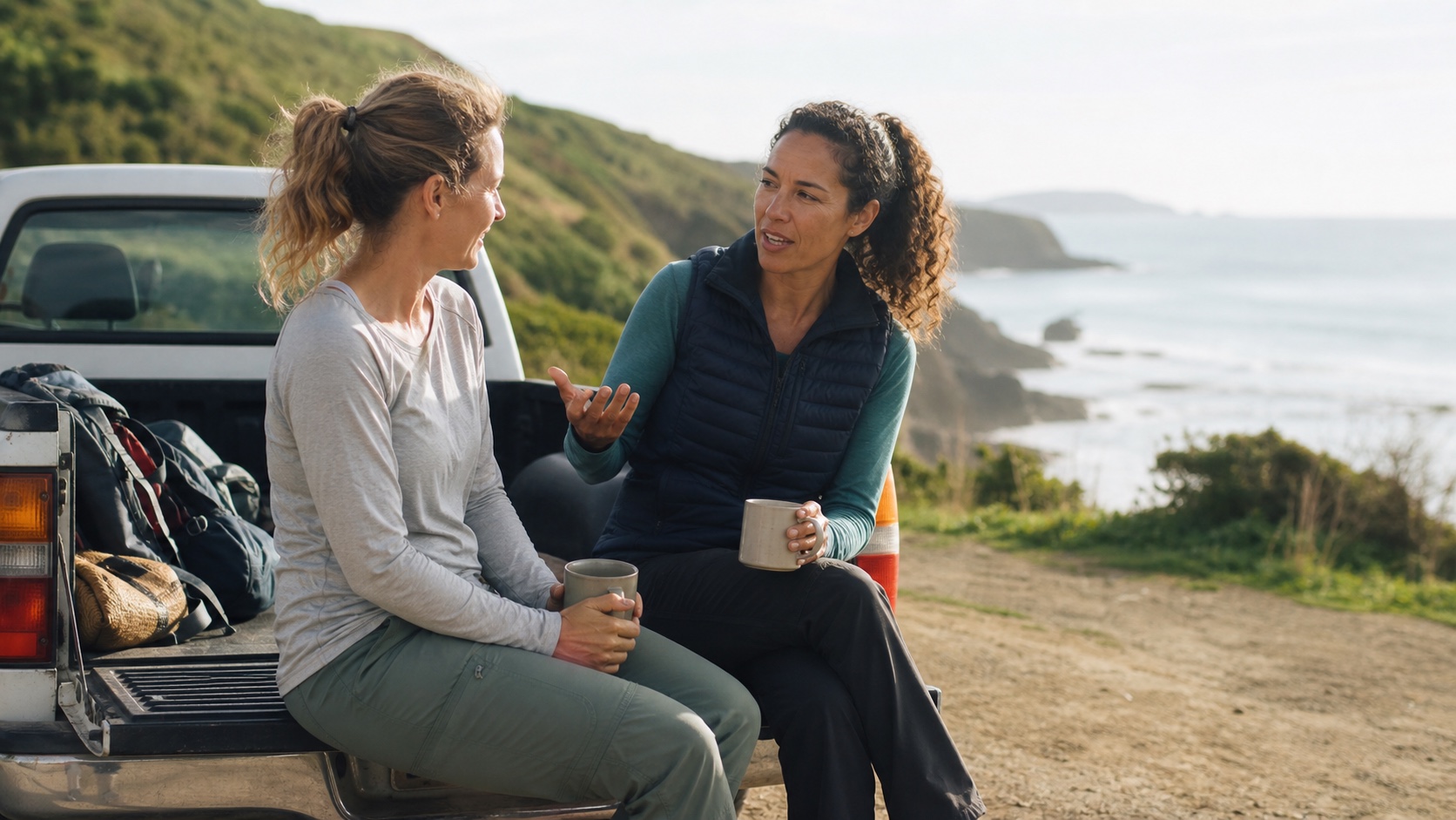 Two women sharing coffee and conversation on a pickup tailgate near a coastal trail
