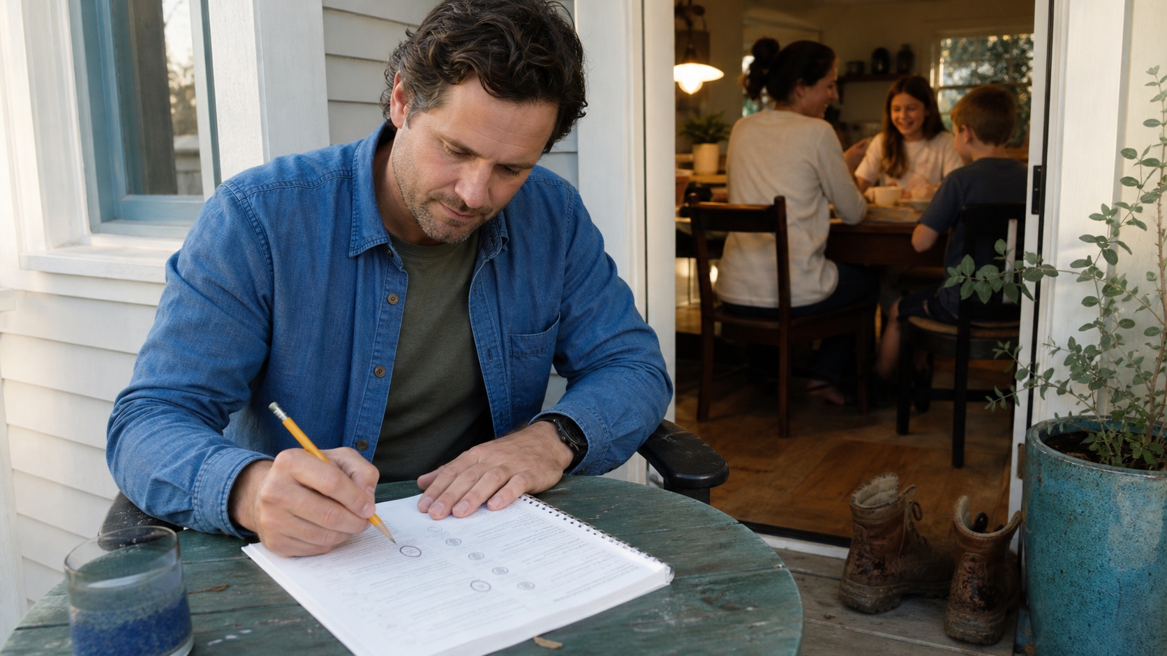 A man journaling on a porch while his family gathers inside a warm home