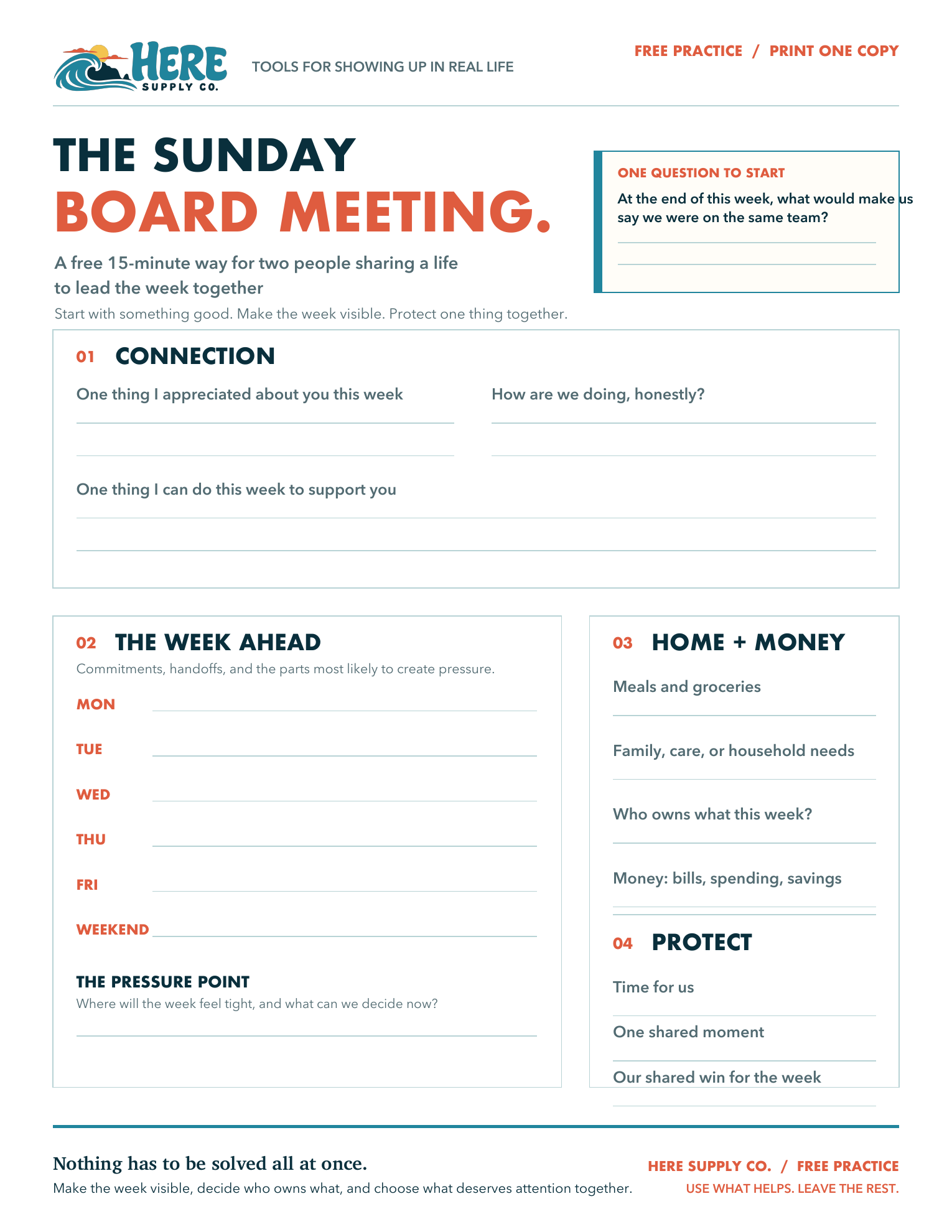 The actual printable Sunday Board Meeting one-page guide